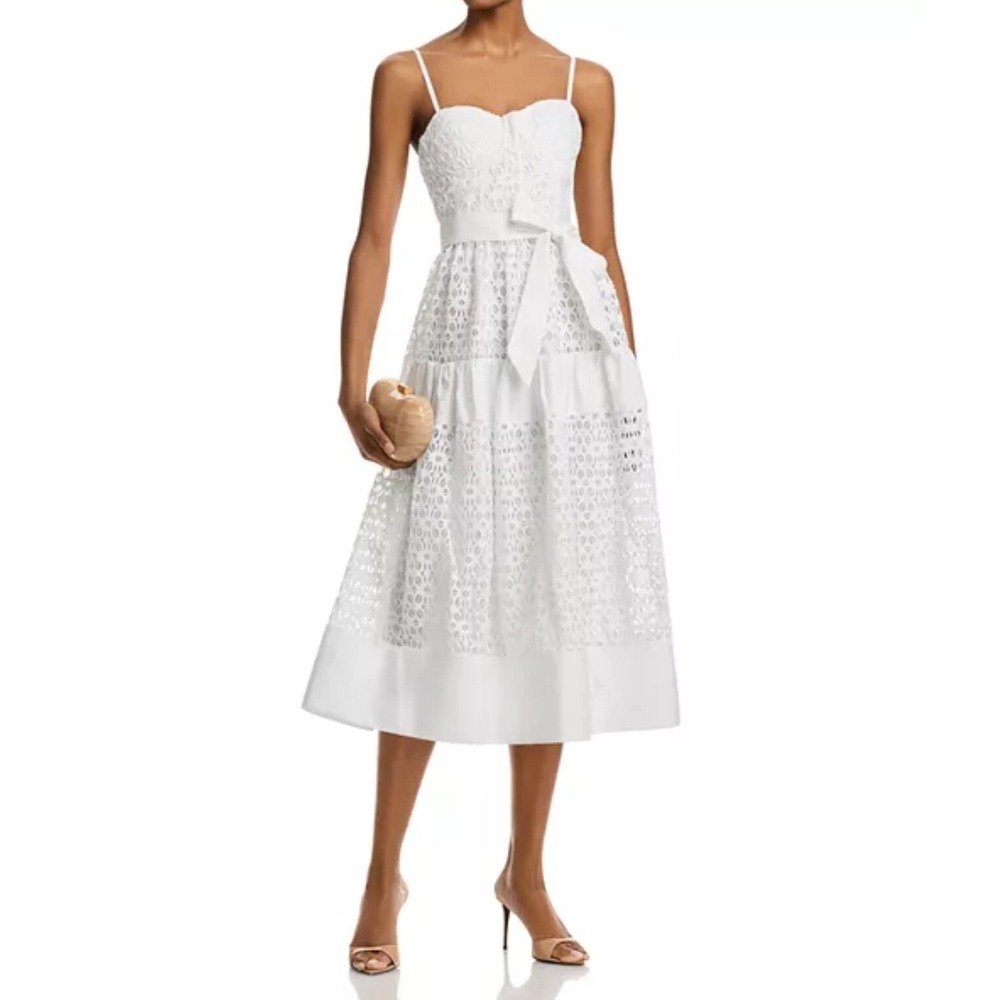 AQUA Eyelet Midi Dress White Sleeveless Party Cocktail Wedding Guest M‎